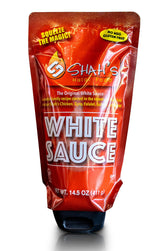 SHAH'S HALAL FOOD White Sauce bottle label highlights creamy texture for Mediterranean dishes.