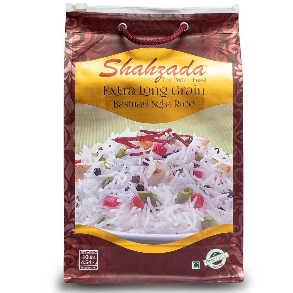 Shahzada Basmati Sela Rice in 10lb bag for home cooking with long, fluffy grains.