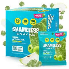 Shameless Green Apple Blast bag shows juicy gummies for a low-calorie on-the-go snack.