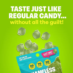 Shameless Green Apple Blast closeup highlights vibrant gummies and true apple flavor.