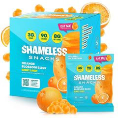 Shameless Orange Blossom Gummy bag shows a keto-friendly vegan snack.