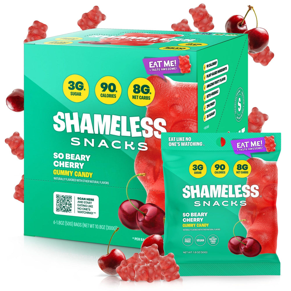 Shameless Snacks Beary Cherry Gummies packaging front with keto-friendly appeal