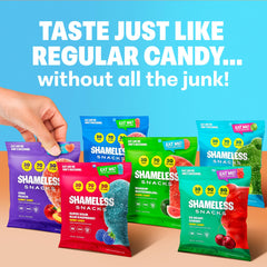 Shameless Snacks cherry gummies: 3g sugar per bag, bold taste.
