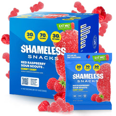 Shameless Snacks red raspberry sour pack-front shows keto-friendly, low-calorie candy option.
