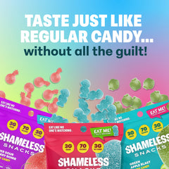 Shameless Snacks Sour Blue Raspberry gummies, low-carb treat for on-the-go.