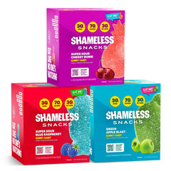 Shameless Snacks Sour Cherry Bomb gummies in a pouch, keto-friendly snack.