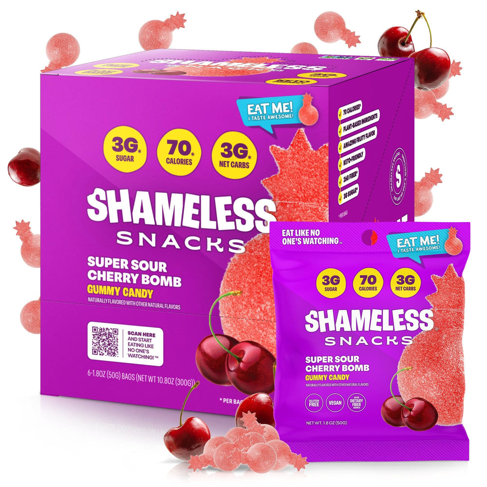 Shameless Snacks Sour Cherry Bomb bag with tangy-sweet gummies for keto-friendly snacking.