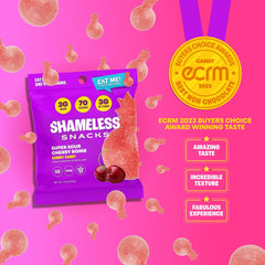 Ingredients view of Shameless Snacks Sour Cherry Bomb highlighting gluten-free, vegan composition.