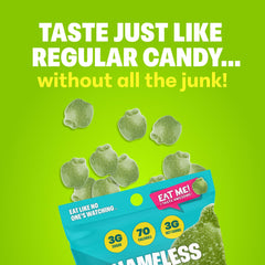Shameless vegan gluten-free logo on packaging communicates plant-based candy.