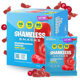 Shameless Snacks Wunderlicious Whales pack front shows gluten-free, low calorie gummies for everyday snacking.