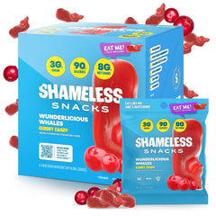 Shameless Snacks Wunderlicious Whales pack front shows gluten-free, low calorie gummies for everyday snacking.