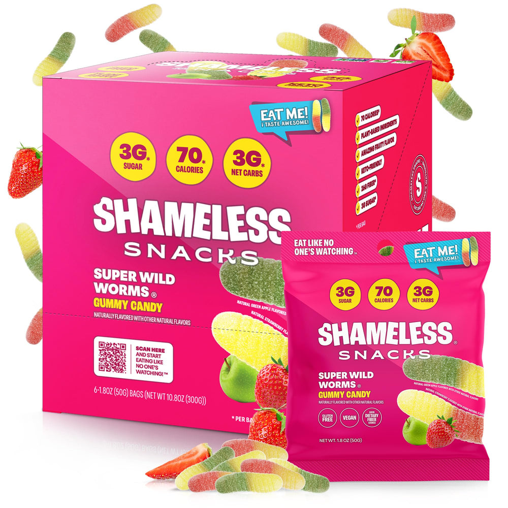 Shameless Wild Worms pack closeup of low-calorie gummies