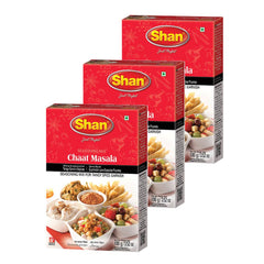 Shan Chana Chaat Masala box displayed for authentic spice in kitchen use.
