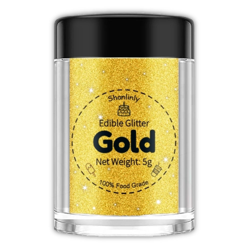 Shanlinly Gold Edible Glitter bottle pour adds shimmering gold for drinks and desserts.