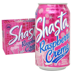 Shasta Raspberry Cream can front view, a fruity, caffeine-free refreshment for any moment.