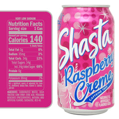 Shasta Raspberry Cream can tilted view, perfect for a quick, bubbly refreshment.