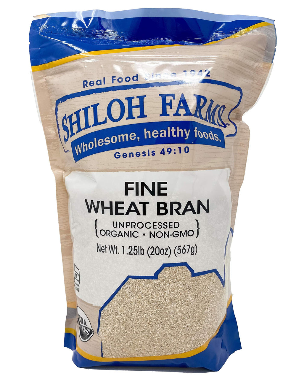 Shiloh Farms Organic Fine Wheat Bran packaging; convenient 20 oz size for fiber-rich baking.