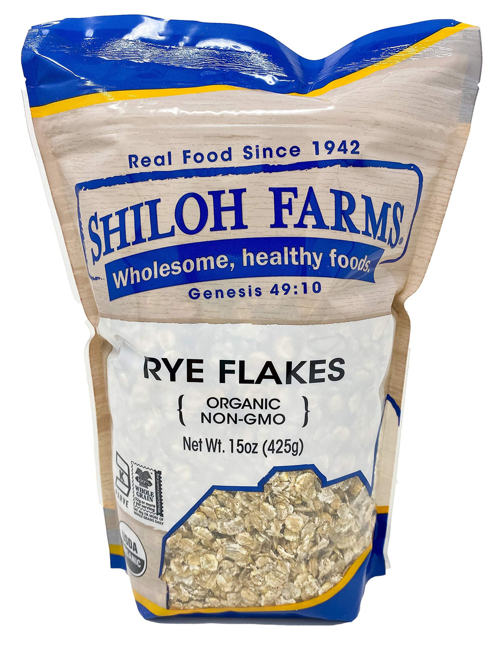 Shiloh Farms Organic Rye Flakes in a 15oz package ready to cook, showcasing a wholesome breakfast option.