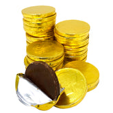 Shippedfast chocolate gold coins closeup in foil wrap, ideal for party favors.