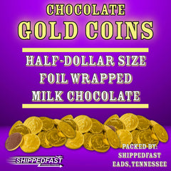 Shippedfast gold foil-wrapped coins detail, freshness preserved for gifts.