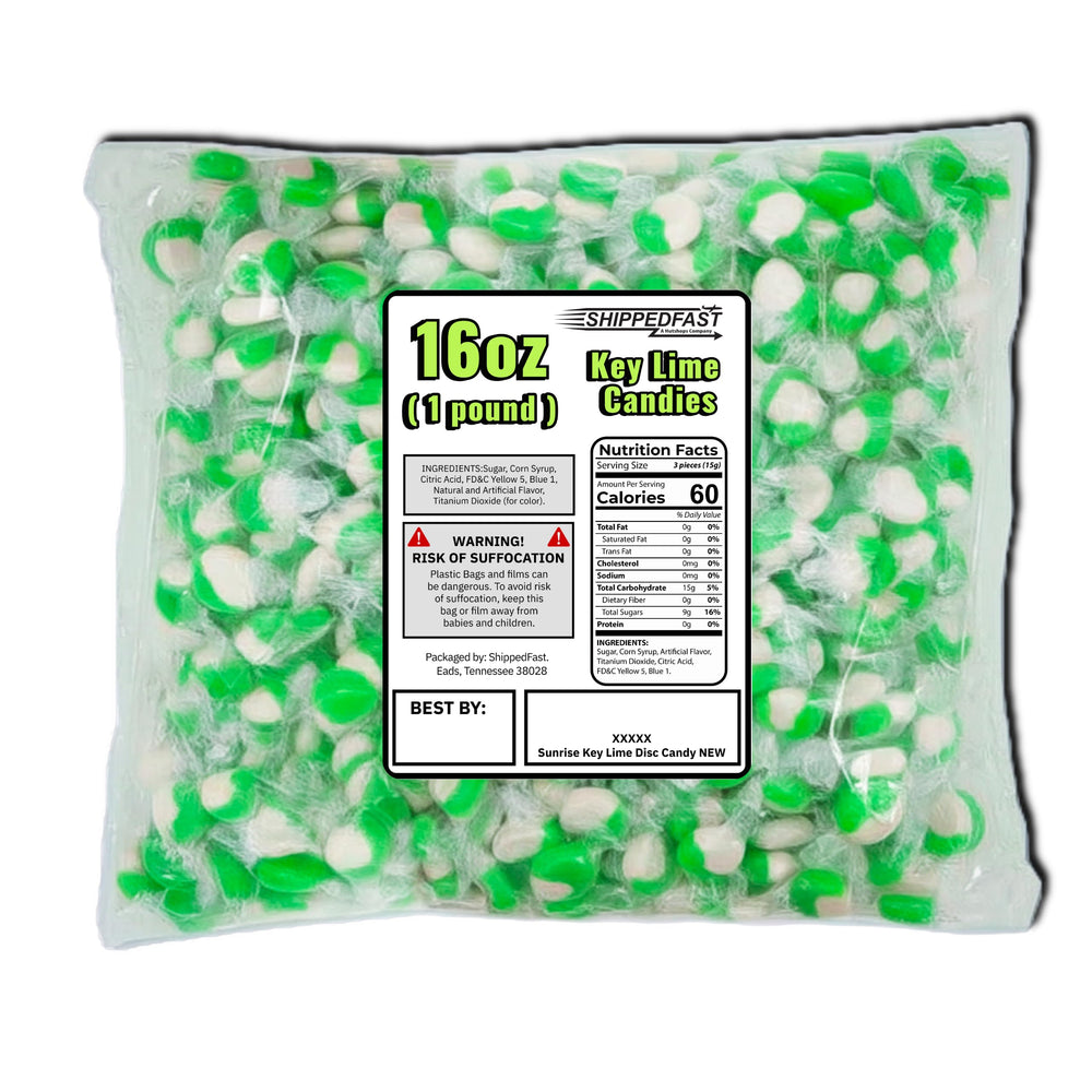 ShippedFast Key Lime Disc candies in a pack, vibrant and tangy treat for gatherings.