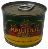 Shirakiku Fukujinzuke Tokyo can label on shelf, premium side for curry.