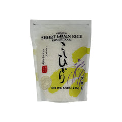 Shirakiku Koshihikari short-grain rice in an uncooked bag, ideal for sushi.