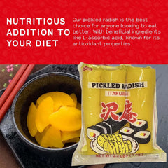 Shirakiku takuwan packaging closeup shows handy packaging for meals.