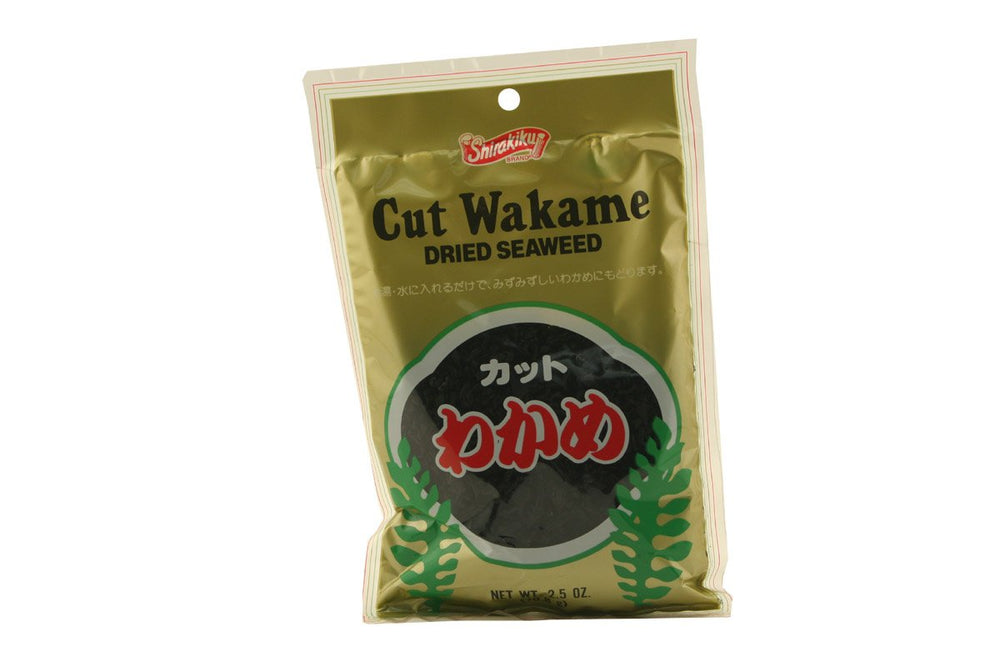 Shirakiku wakame cut dried seaweed pack for soups and salads.