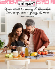 Shirley J Rich Beef Bouillon Powder dissolving in hot water for instant flavorful stock.
