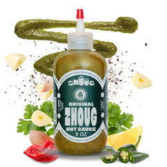 SHUUG Zhoug bottle being poured to boost flavor on meals.