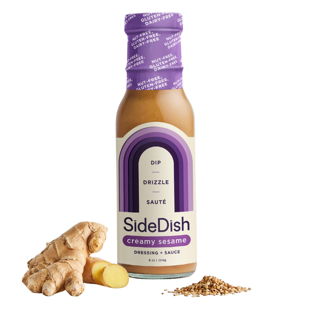 SideDish Creamy Sesame Dressing bottle pour reveals creamy texture and gluten-free ingredients.