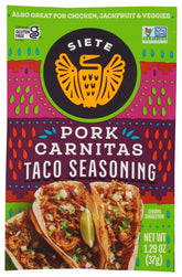 Siete Carnitas Seasoning Mix bottle ready for quick, flavorful weeknight dinners.
