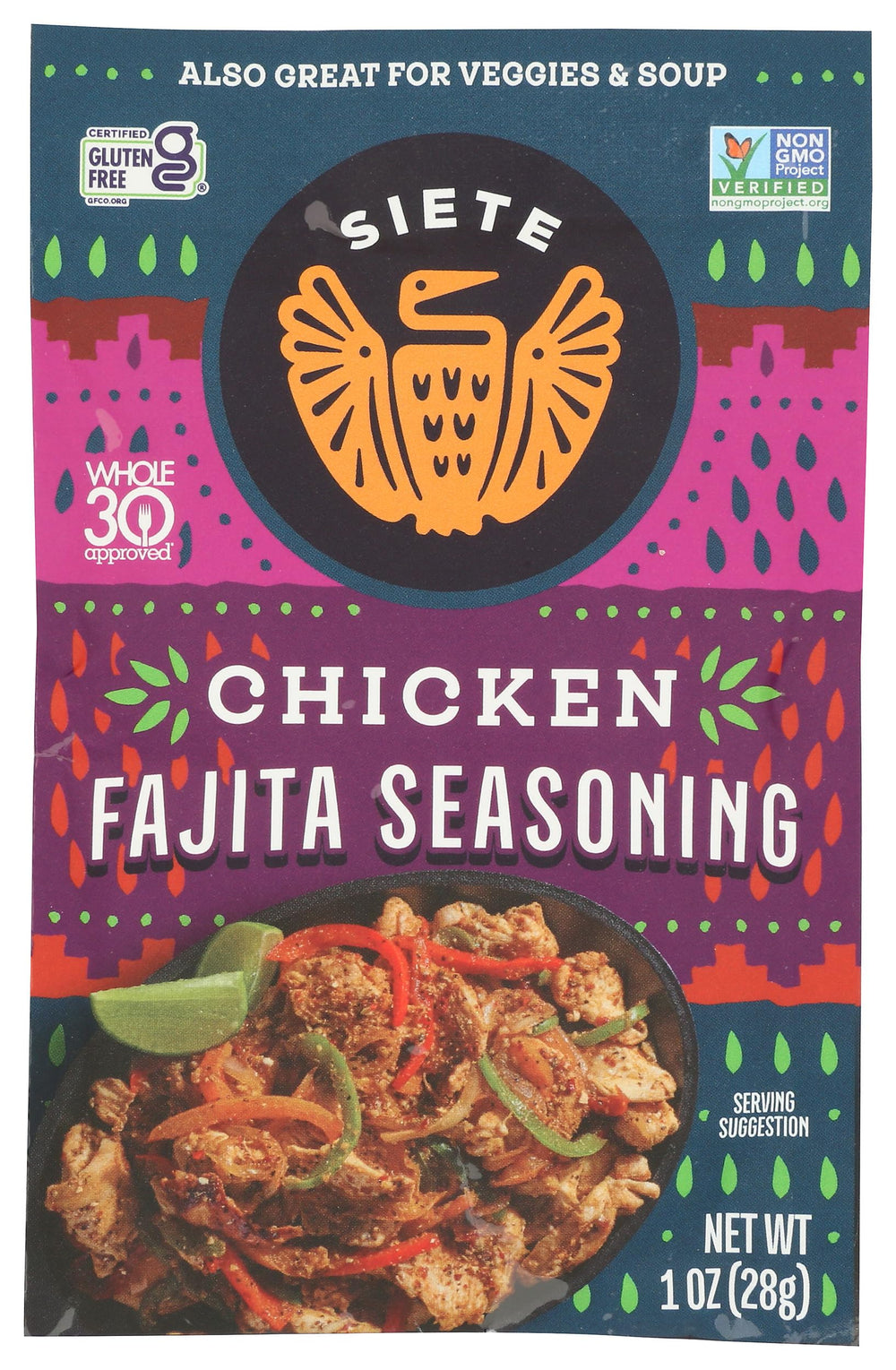 Siete Chicken Fajita Seasoning front label with premium ingredients for bold fajita flavor