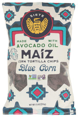 Siete Trtla Blue Crn chips packshot highlighting premium ingredients and tortilla crunch