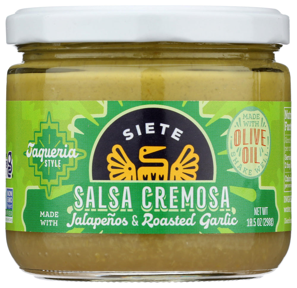 Siete Creamy Jalapeño Salsa bottle closeup, emphasizing premium ingredients for dipping.