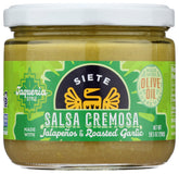 Siete Creamy Jalapeño Salsa bottle closeup, emphasizing premium ingredients for dipping.