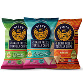 Siete grain free lime tortilla chips in a bag for tangy snacking.