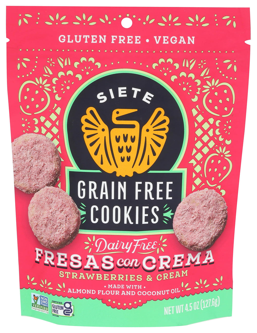 Siete Strawberries and Cream gluten free cookies pack front for vegan snacking