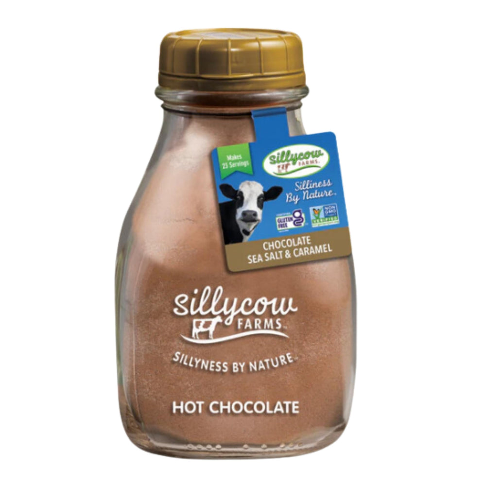 Silly Cow Farms sea salt caramel hot chocolate bottle, inviting cozy evenings