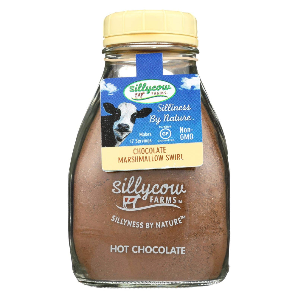 Silly Cow Farms Marshmallow Swirl hot chocolate bottle ready to pour, gluten-free indulgence.