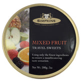 Simpkins Travel Sweet tin front showing mixed fruit drops, ideal travel snack.