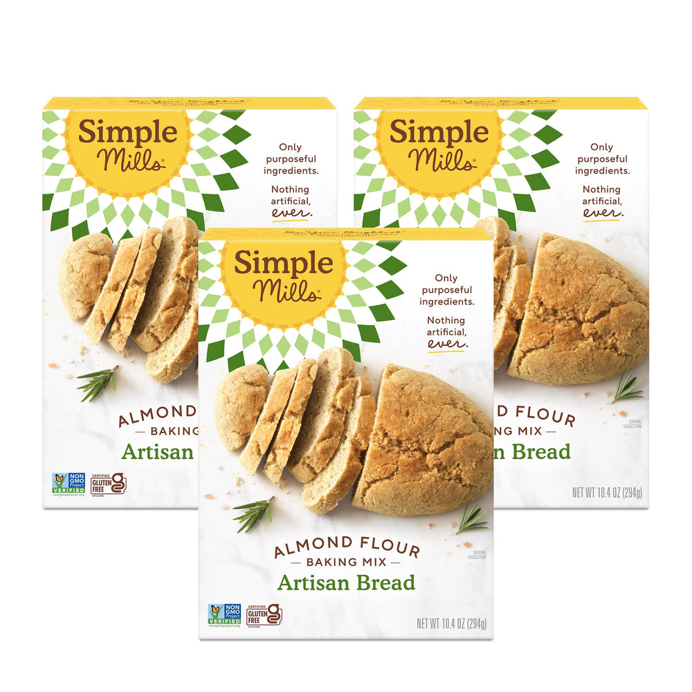 Simple Mills Almond Flour Artisan Bread Mix 3-pack on pantry shelf for gluten-free baking
