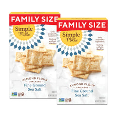 The Simple Mills Almond Flour Crackers family-size box shows sea salt flavor for gluten-free snacking.