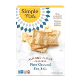 Simple Mills almond flour crackers sea salt box on shelf, convenient gluten-free snack.