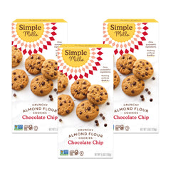 Simple Mills almond flour crunchy cookies chocolate chip box front showing a convenient three-pack gluten-free snack.