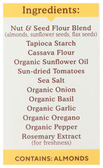 Simple Mills crackers ingredients list featuring almond flour and tomato basil.