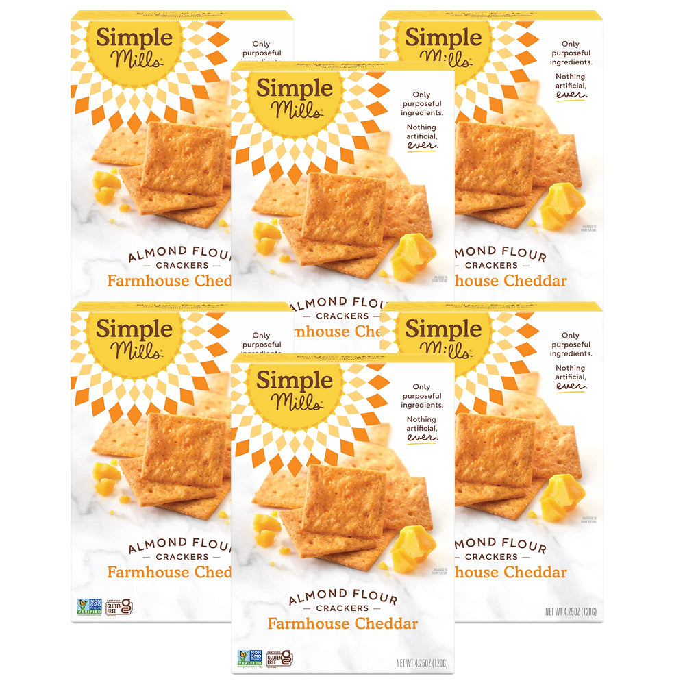 Simple Mills Farmhouse Cheddar crackers box front, gluten-free snack option.