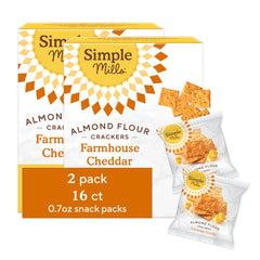 Simple Mills Farmhouse Cheddar crackers box front for gluten-free snacking.