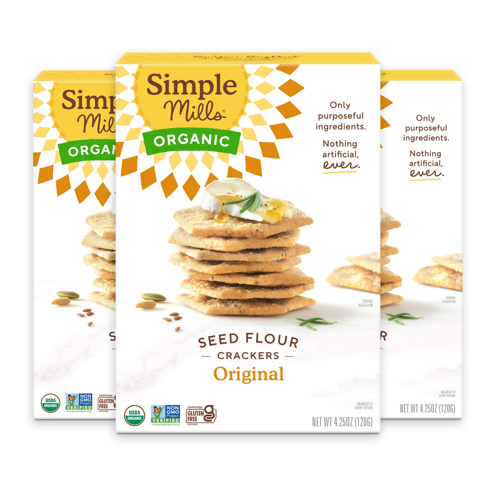 Simple Mills Organic Seed Crackers Original box-front; three-pack for a gluten-free snack option